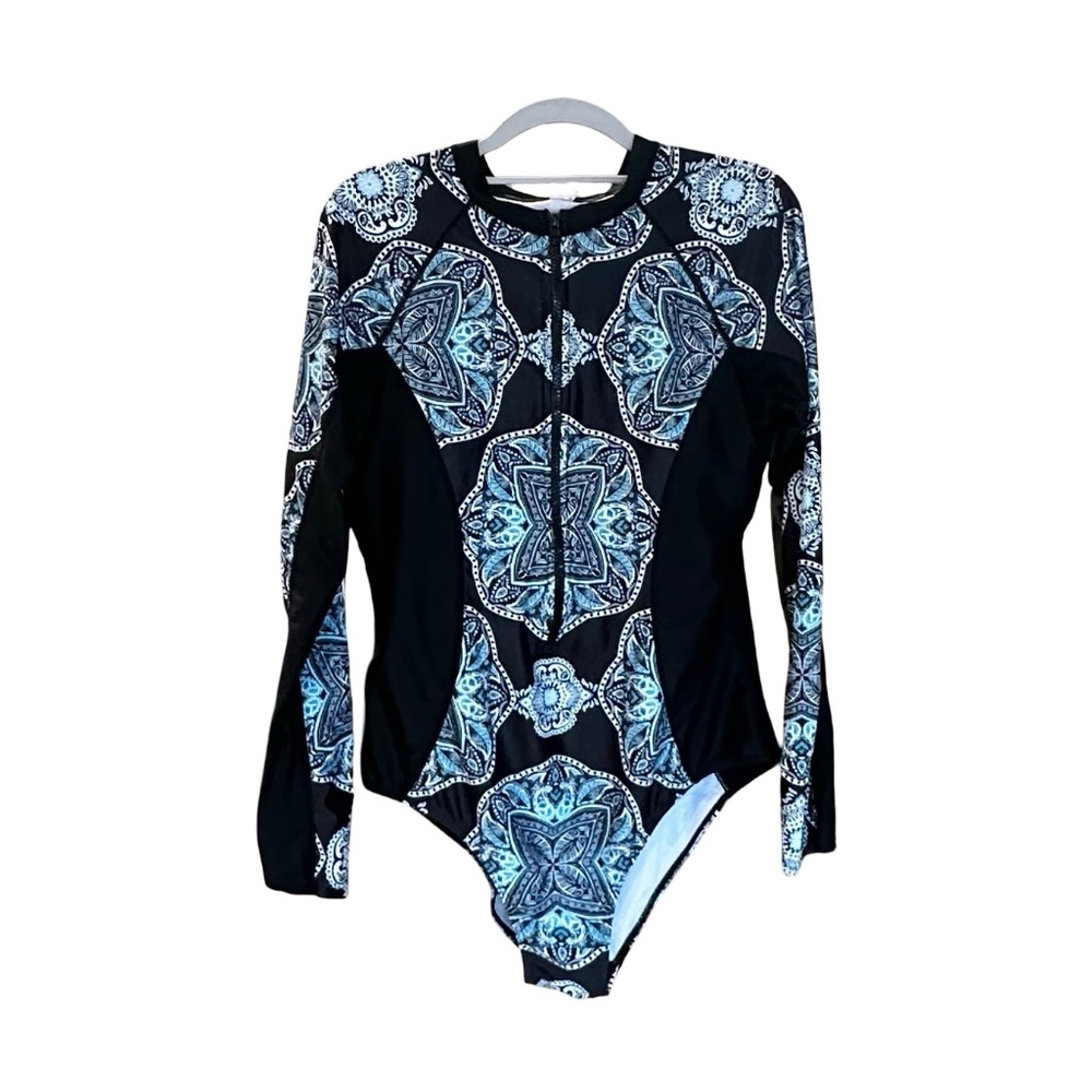 Elegant Black and Blue Geometric Long Sleeve Swimsuit